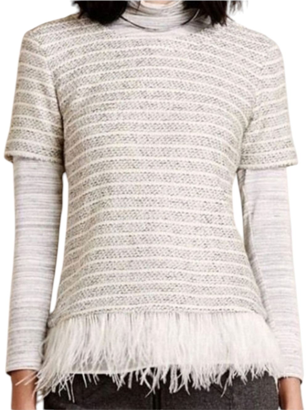 Anthropologie Deletta Feather Trim Boucle Knit Sweater Short Sleeve Lined LP